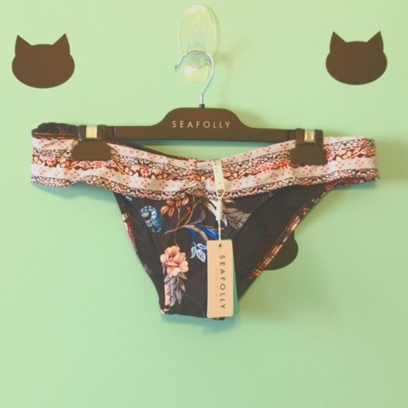 Seafolly High Cut Bikini Bottoms Black Floral US New - Picture 1 of 6
